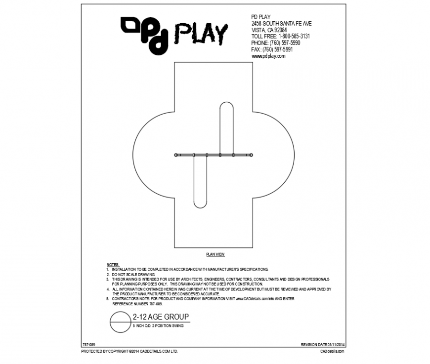 Two position 6 inch swing play equipment details of garden dwg file