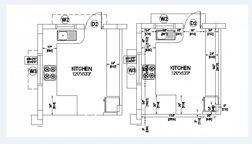 Two simple kitchens layout plan with furniture drawing details dwg file