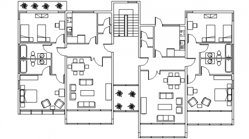 Two social houses distribution with furniture plan cad drawing details dwg file