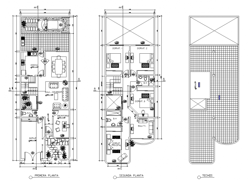 Two storey row house plan drawing in dwg AutoCAD file.