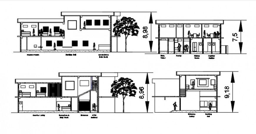 Two story bank building elevation and section cad drawing details dwg file