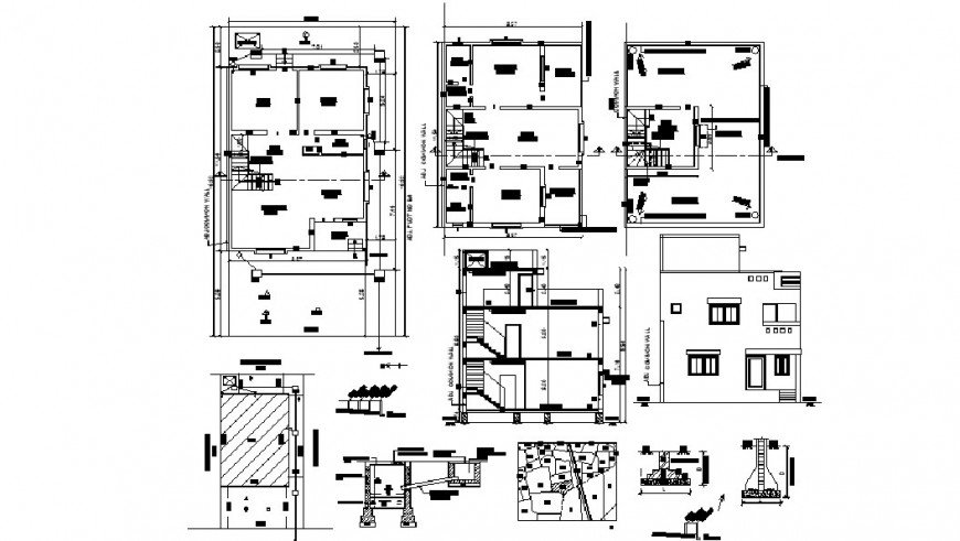 Two story bungalow main elevation, section, floor plan and structure ...