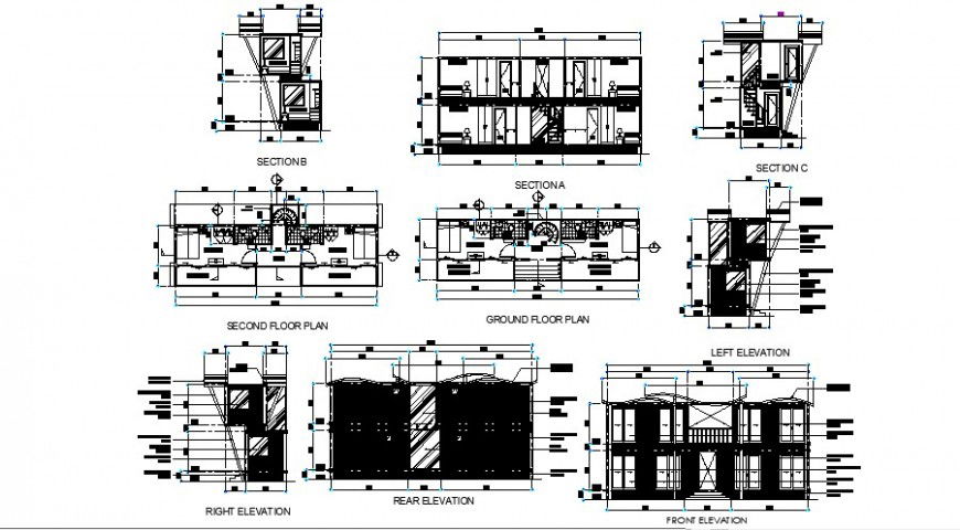 Two story bungalows floor plan and different side elevation In auto cad