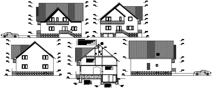 Two Story Cottage House Elevations and Section DWG File