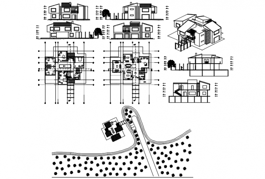 Two story house all sided and isometric elevation, section and floor plan details dwg file