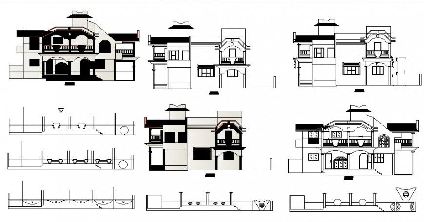 Two story house all sided elevation and gate elevation drawing details dwg file