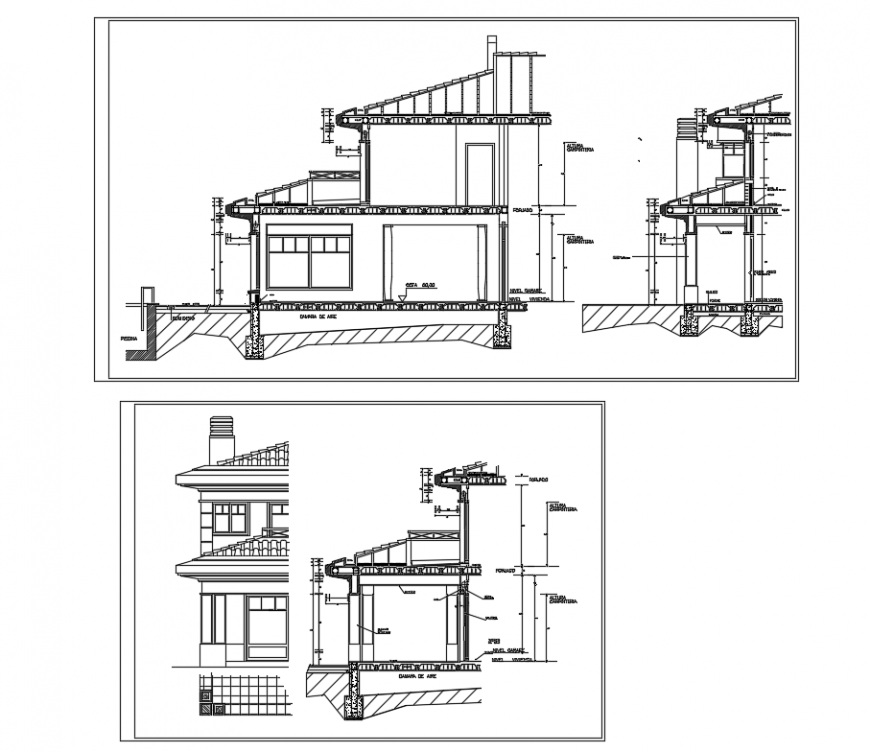 Two story house building all sided section with construction dwg file