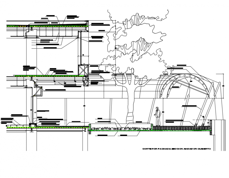 Two story house building facade section with constructive details dwg file