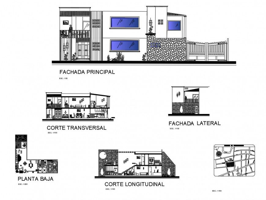 Two story house elevation, section and first floor plan cad drawing details dwg file