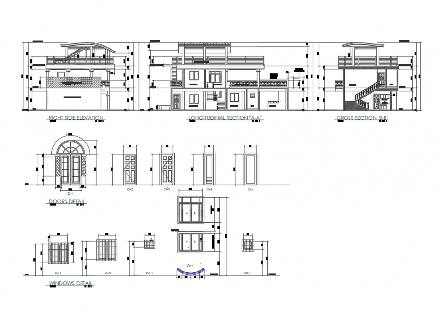 Two story house elevations, sections, doors and windows details dwg file