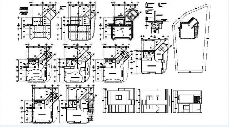 Two story house elevations, sections, plan and constructive structure details dwg file
