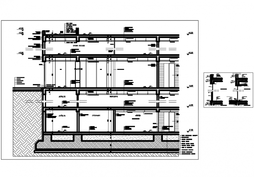 Two story house facade section-constructive details with footings dwg file