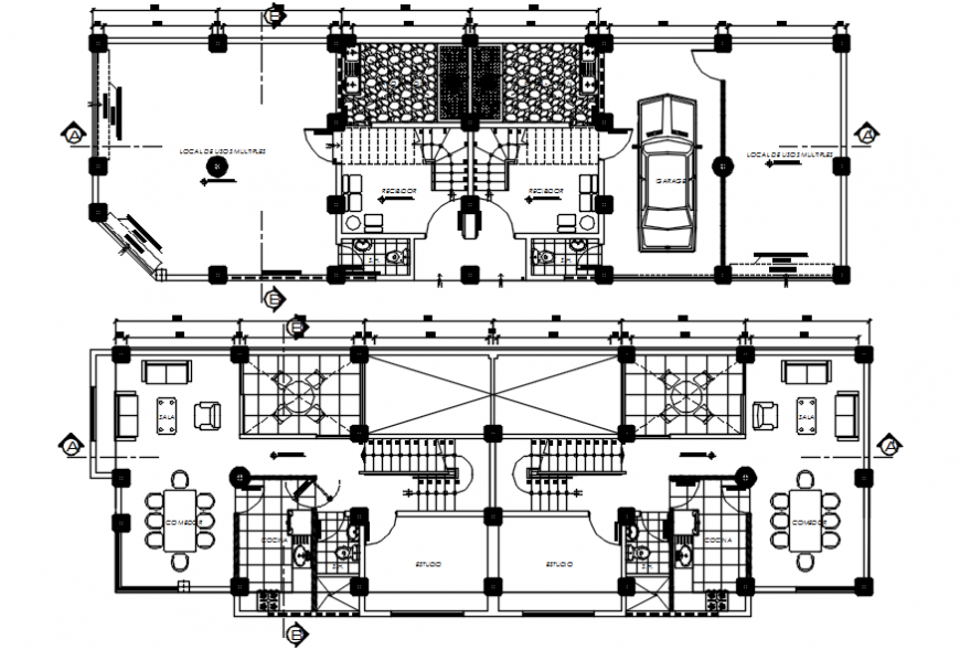 Two story house floor distribution with furniture cad drawing details dwg file