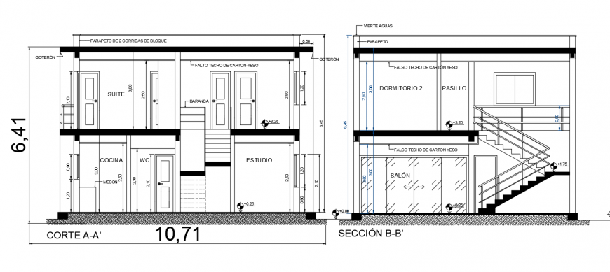 Two story house front and back section cad drawing details dwg file