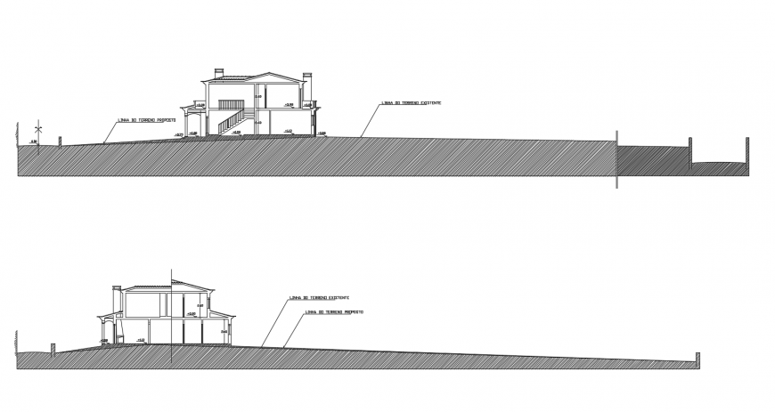Two story house main and back section cad drawing details dwg file
