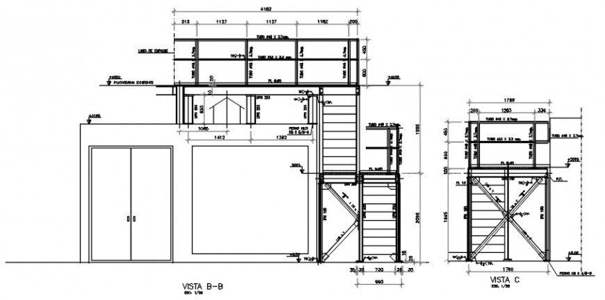 Two story house metal staircases section and construction details dwg file