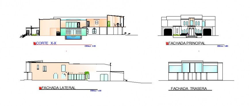 Two story house three sided elevation and section cad drawing details dwg file