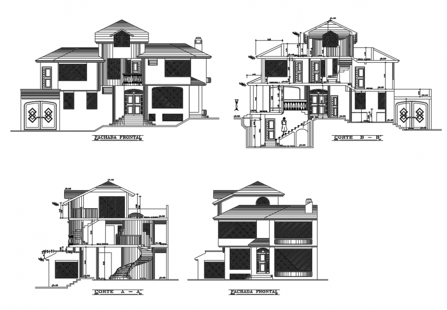 Two story house with basement elevation and sections cad drawing details dwg file
