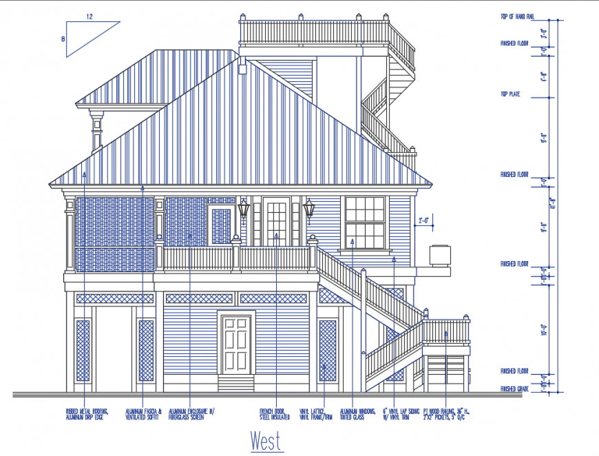 Two story house with roof facade elevation cad drawing details dwg file