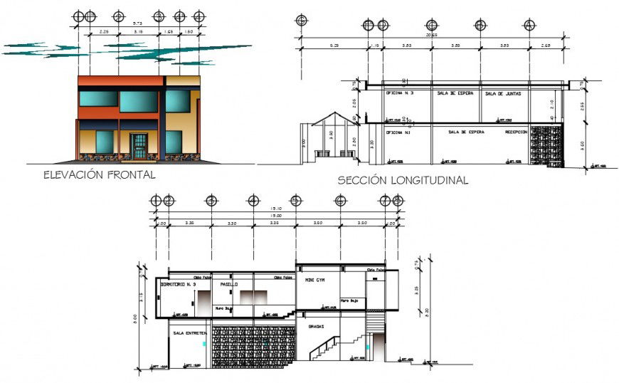 Two story legal office building elevation and section drawing details dwg file