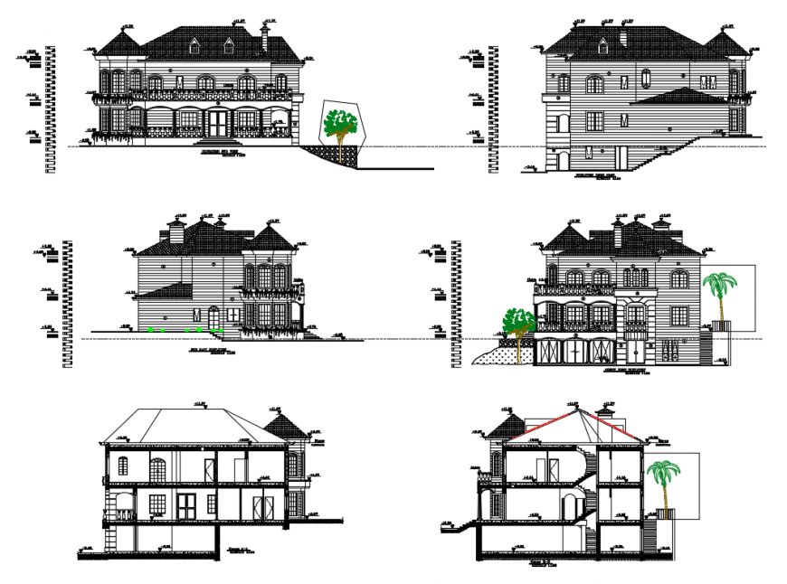 Two story modern villa facade and back elevation and section cad drawing details dwg file