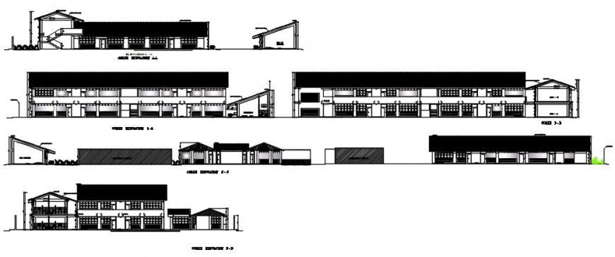 Two story primary school elevations and section drawing details dwg file