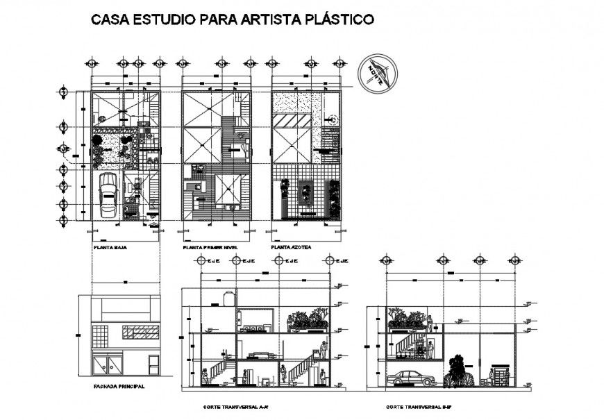 Two story residential house elevation, section and plan details dwg file