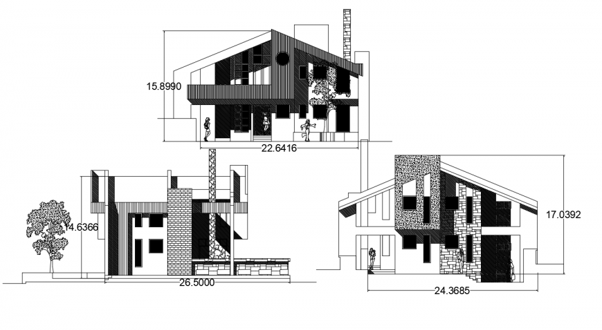 Two story roof house three sided elevation drawing details dwg file