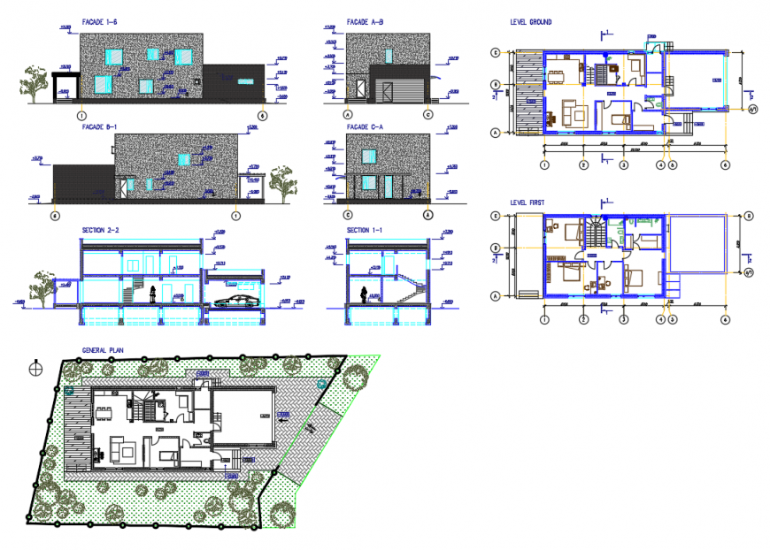 Two story single family modern house architecture details dwg file