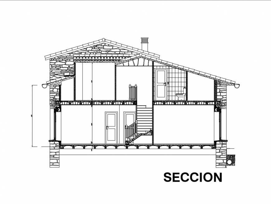 Two story wooden house front sectional view dwg file