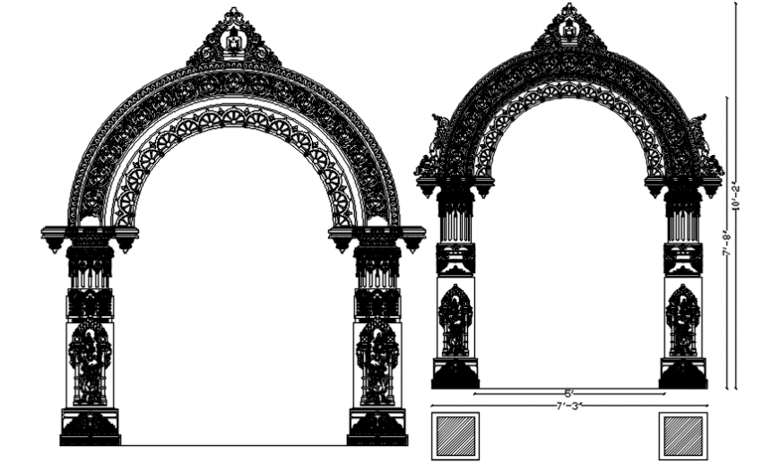 Two temple gates with column elevation and drawing details dwg file