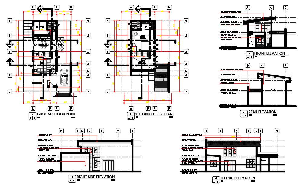two-storey House Center Line Plan With Building Elevation Design DWG File