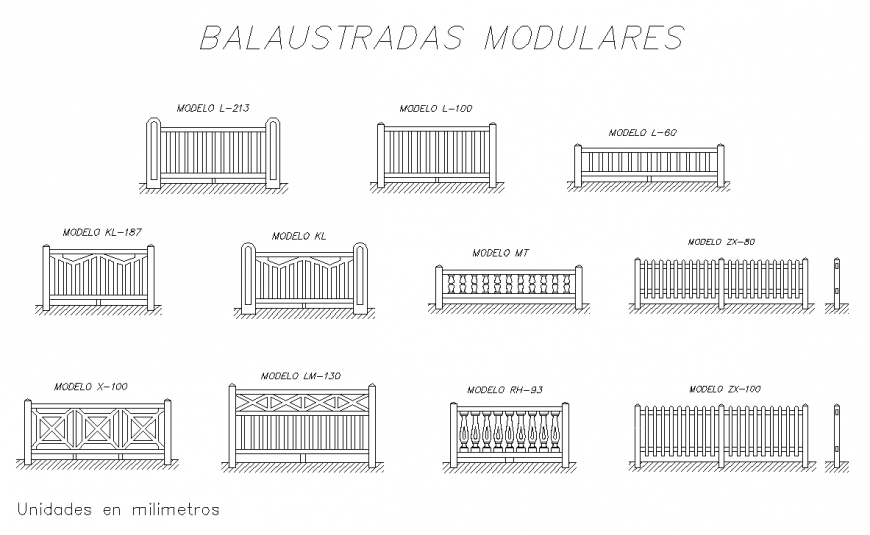 Types of modular hand railing drawing in dwg AutoCAD file.