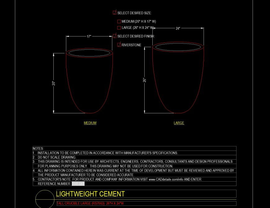 Types of pots in light weight cement material in dwg file.