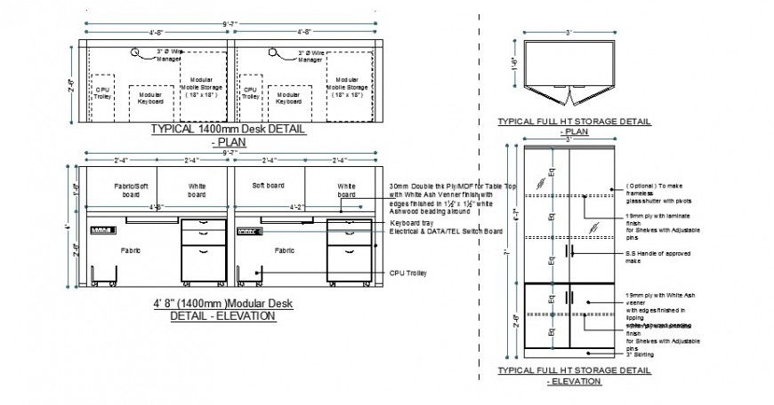 Typical and modular office desk and furniture drawing details dwg file
