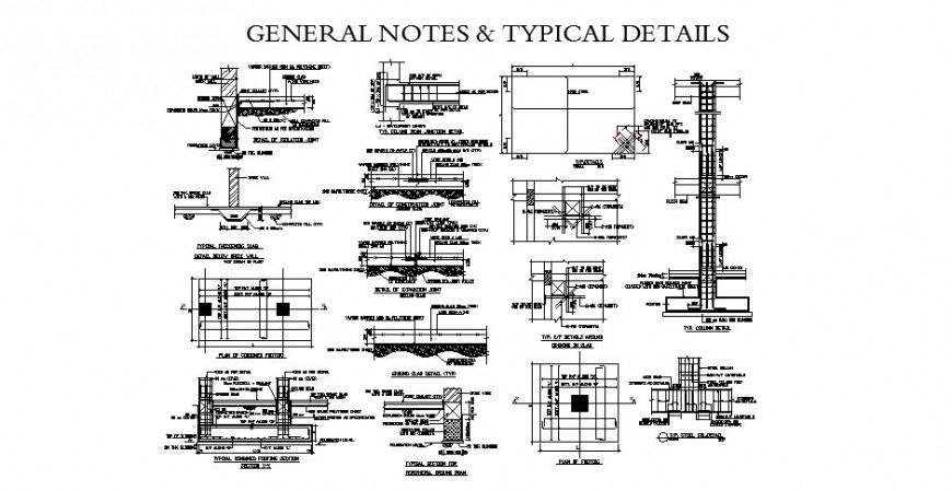 Typical column construction and general notes details for school dwg file