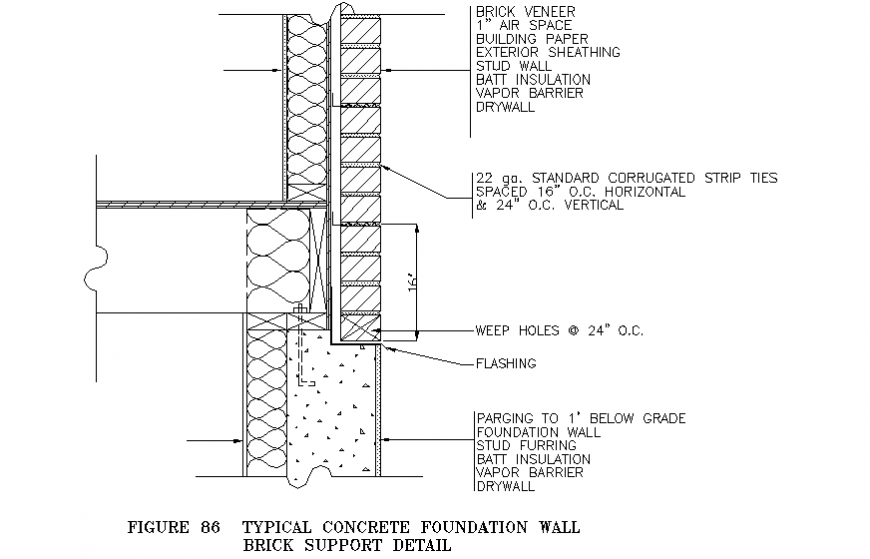 Typical concrete foundation wall brick support detail drawing in dwg file.