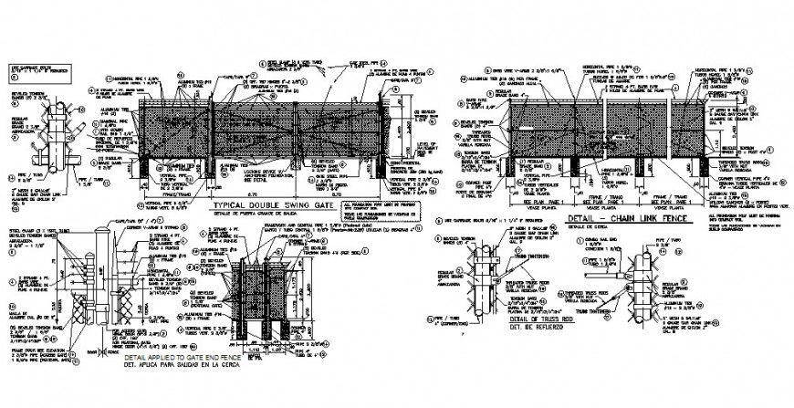 Typical double swing gate and chain link fence section plan autocad file