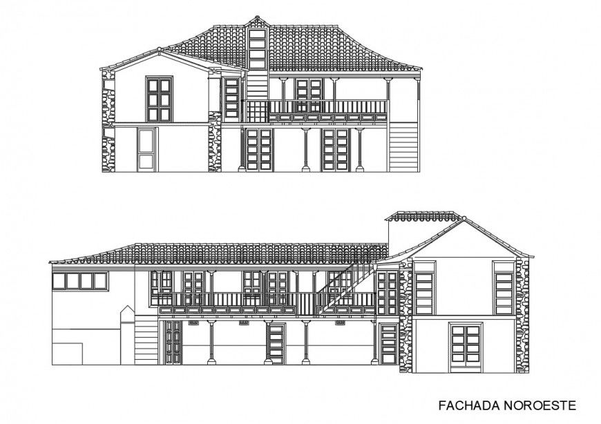 Typical house canary facade and back main elevation details dwg file