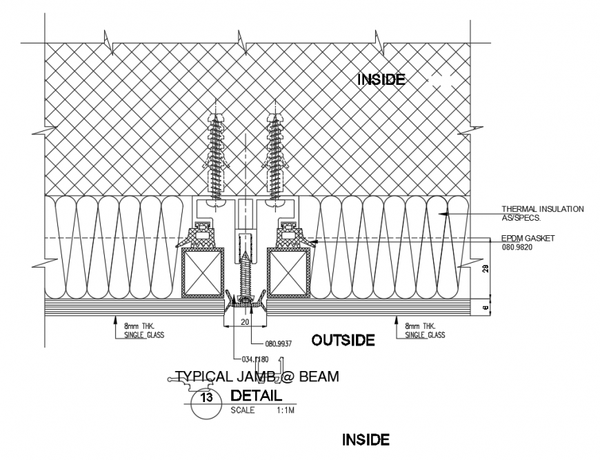 Typical jamb beam structure mullion and marble fixation constructive details dwg file