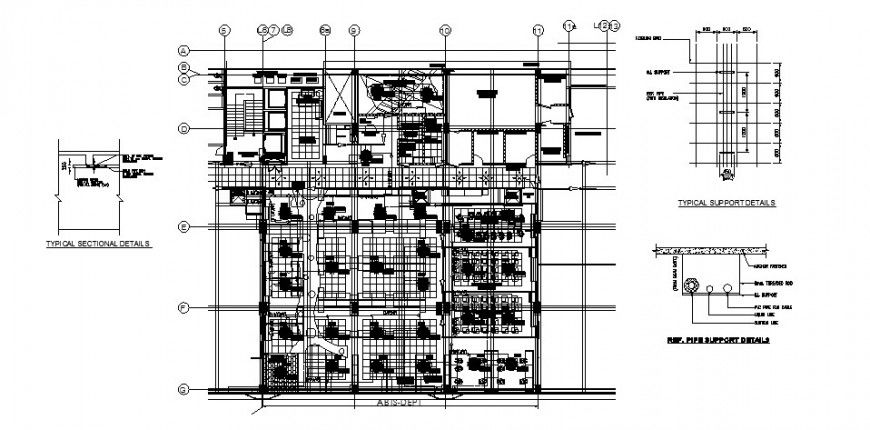Typical section and distribution plan details of corporate building dwg file