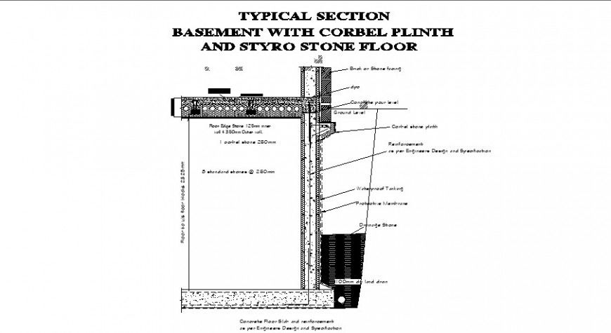 Typical section basement with corbel plinth and styro stone floor cad drawing details dwg file