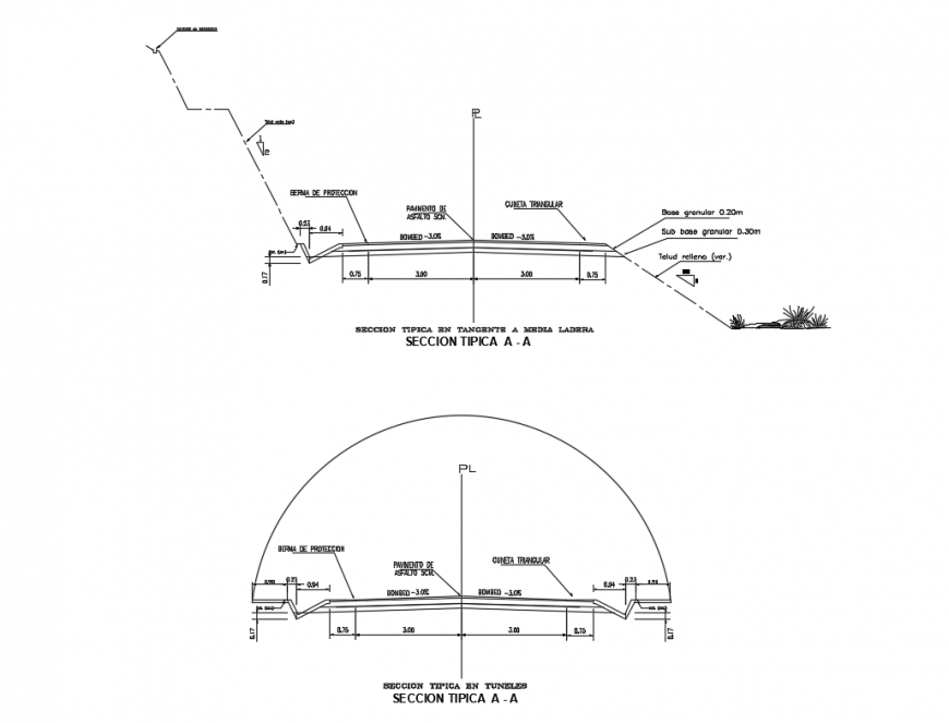 Typical section details of garden tunnel and media ladera dwg file