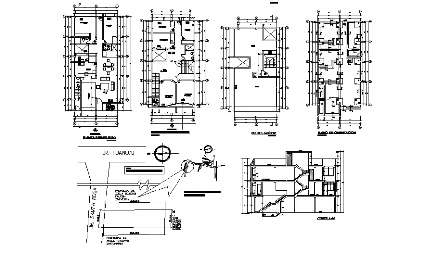 Typical single house section, first, second and top floor plan and auto-cad details dwg file