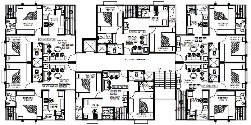 Typical third floor plan layout drawing details of apartment building dwg file