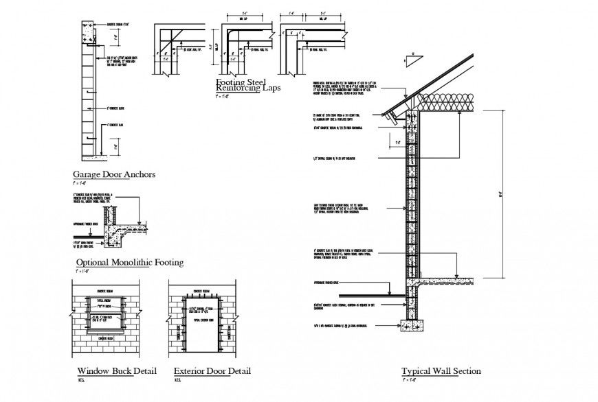 Typical wall section details with footings and monolithic footings cad structure details dwg file