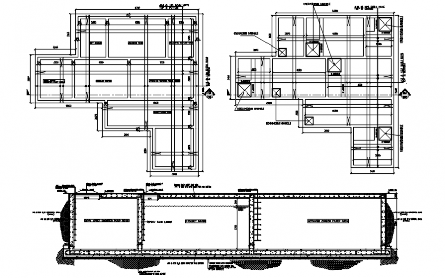 Under ground tank construction view of plan and elevation in auto cad