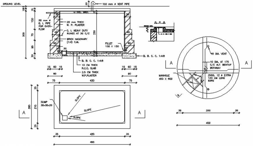 Under ground tank section, construction and plumbing details dwg file