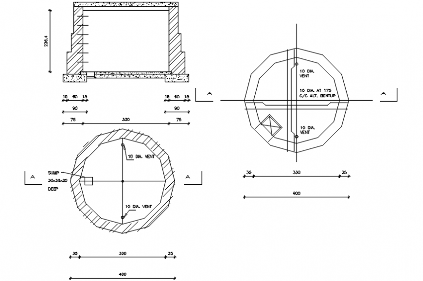 Under ground water tank section, plan and plumbing details dwg file