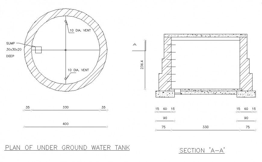 Under ground water tank section and plan cad drawing details dwg file